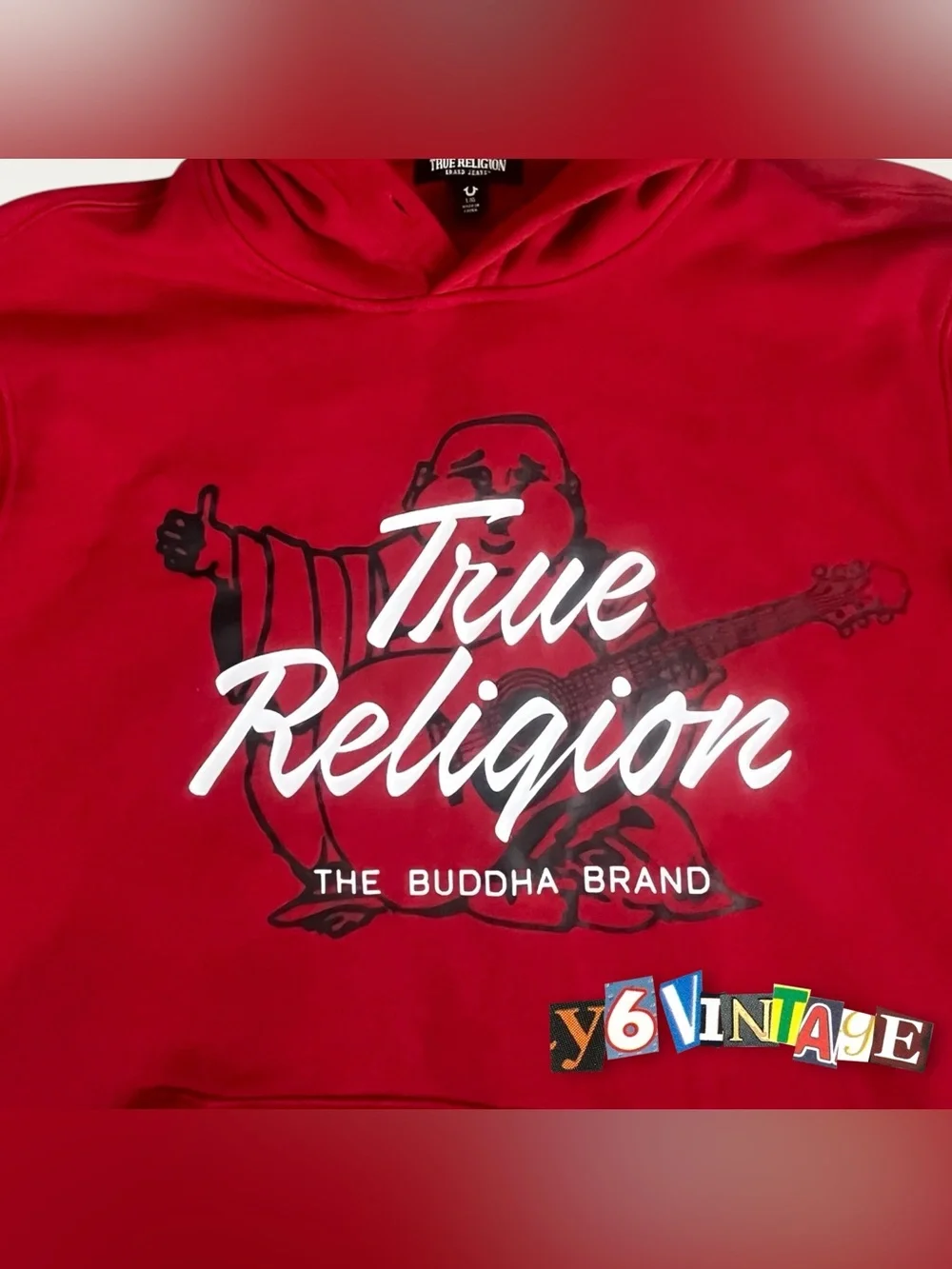 Large True Religion Red Pullover Hoodie with White Logo